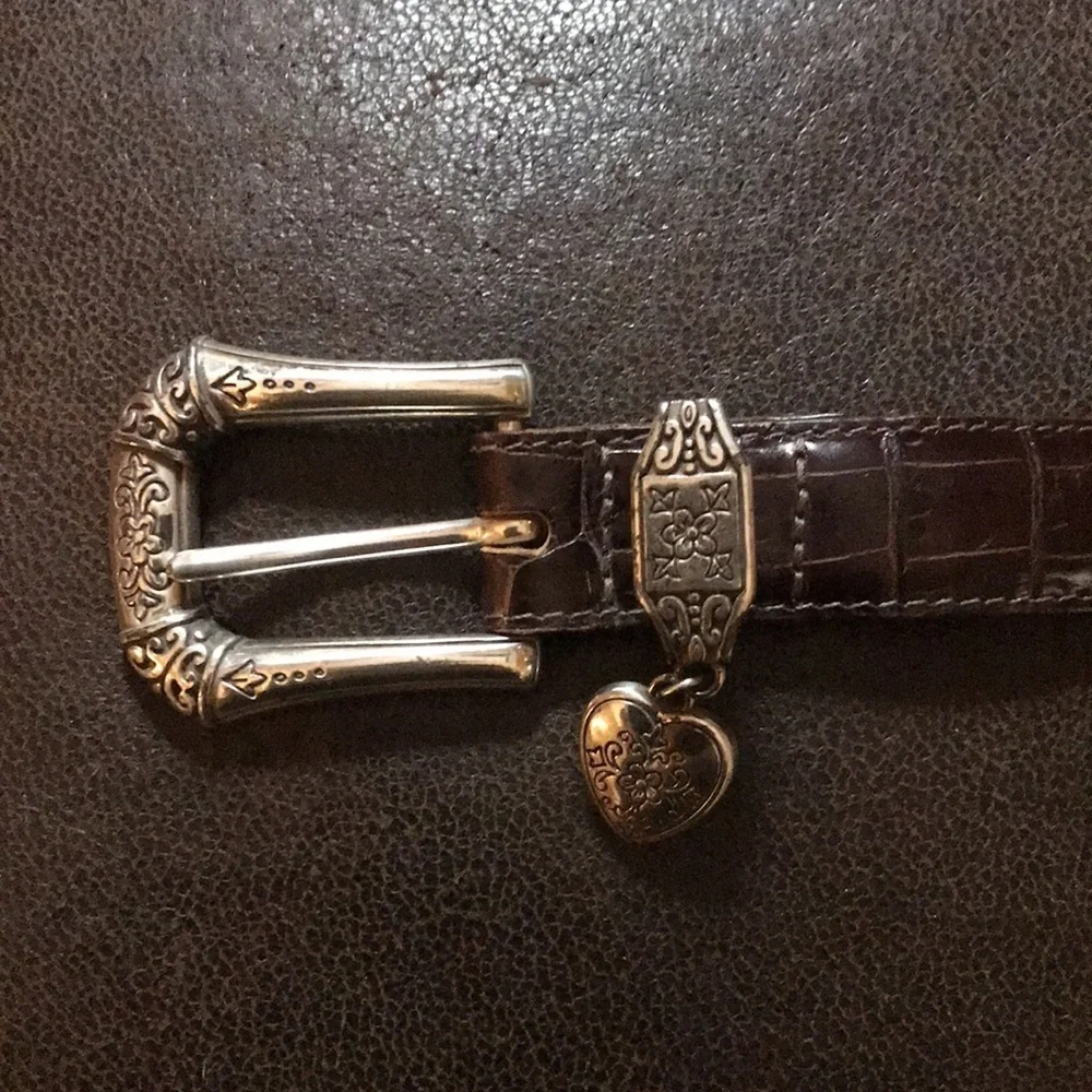 Brighton Silver Heart Charm Brown Leather Belt B7108 Croc Emboss Sz M/30 Basic